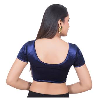 Velvet Navy Short Sleeves tStretchable Readymade Saree Blouse 4