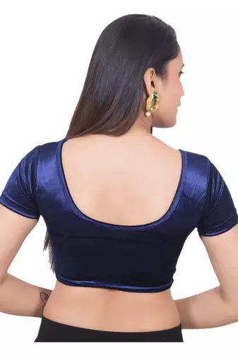 Velvet Navy Short Sleeves tStretchable Readymade Saree Blouse