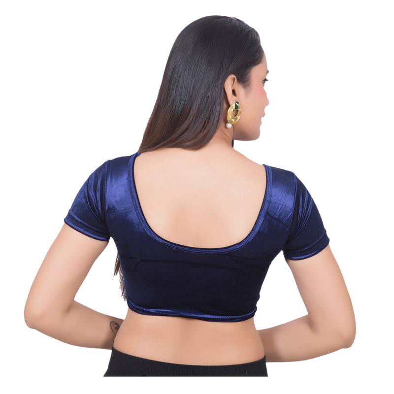 Velvet Navy Short Sleeves tStretchable Readymade Saree Blouse