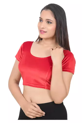 Velvet  Red Short Sleeves tStretchable Readymade Saree Blouse