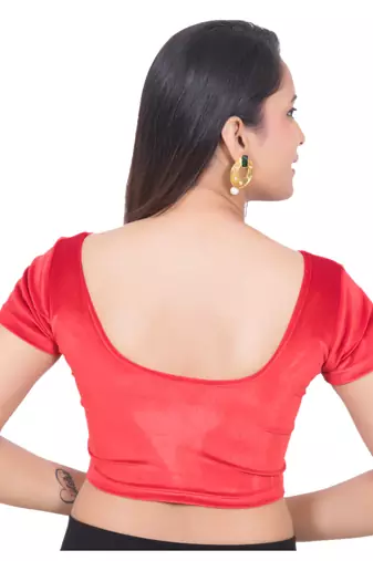 Velvet  Red Short Sleeves tStretchable Readymade Saree Blouse