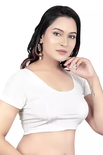 Velvet White Short Sleeves tStretchable Readymade Saree Blouse