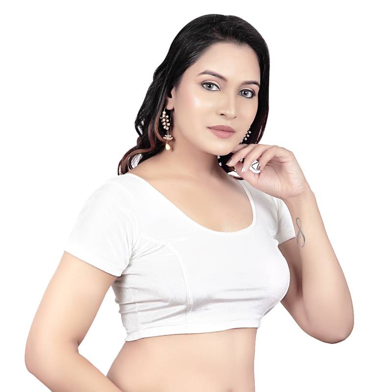 Velvet White Short Sleeves tStretchable Readymade Saree Blouse