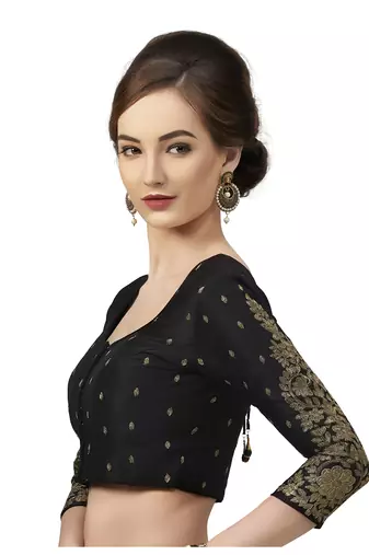 Silk Georgette Black Embroidered 3/4 Sleeves Readymade Saree Blouse
