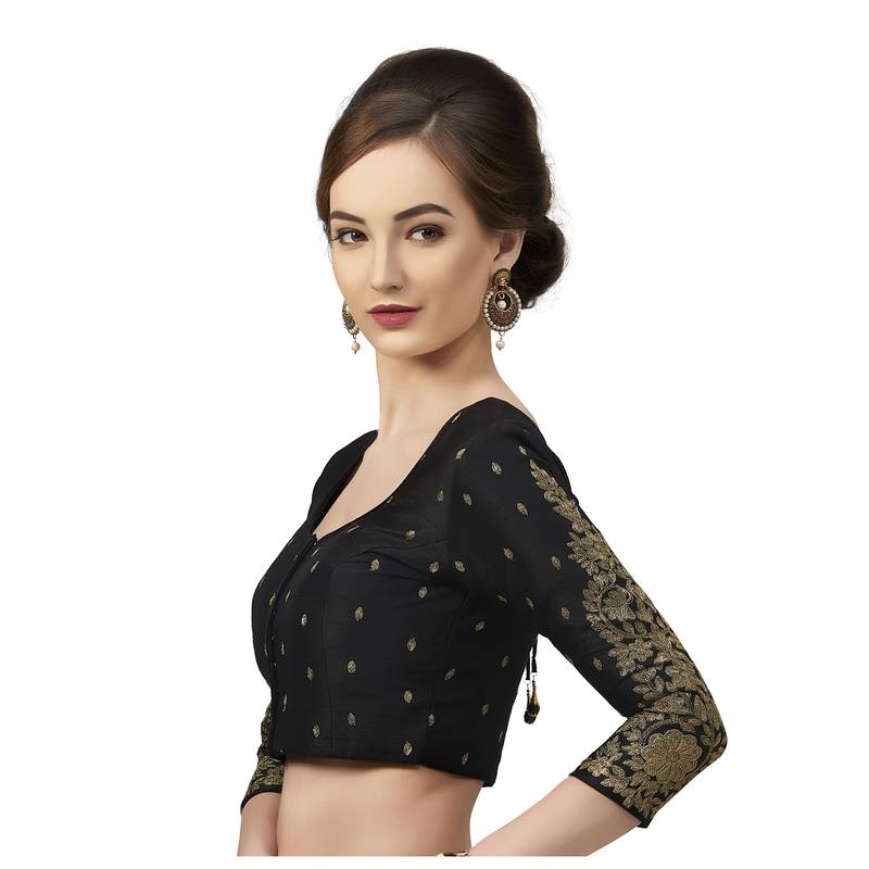 Silk Georgette Black Embroidered 3/4 Sleeves Readymade Saree Blouse