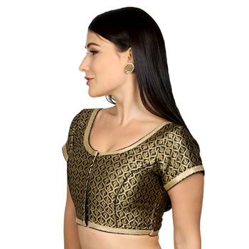 Black BrocadeShort Sleeves Padded Readymade Saree Blouse 2