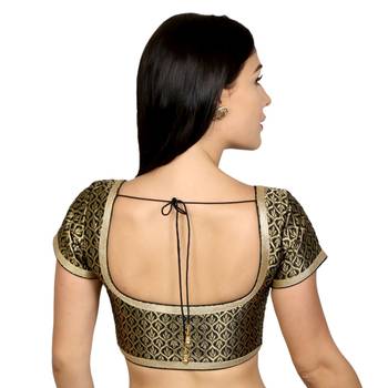 Black BrocadeShort Sleeves Padded Readymade Saree Blouse 3