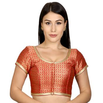 Red Brocade Short Sleeves Padded Readymade Saree Blouse 1