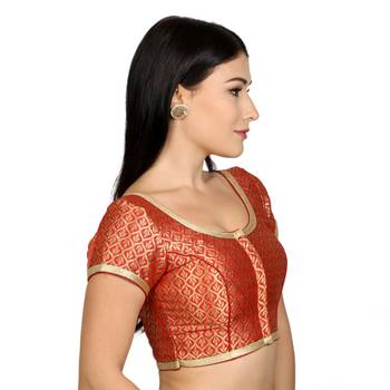 Red Brocade Short Sleeves Padded Readymade Saree Blouse 2