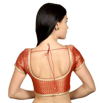 Red Brocade Short Sleeves Padded Readymade Saree Blouse 3