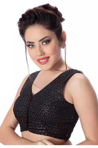 Black  V Neck Tikkli Work CottonPadded Sleeveless Readymade Saree Blouse