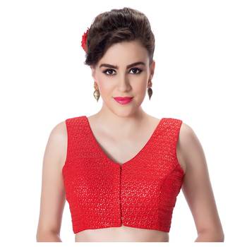 Red V Neck Tikkli Work CottonPadded Sleeveless Readymade Saree Blouse 1