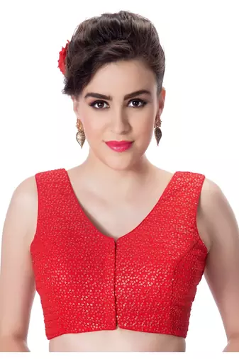 Red V Neck Tikkli Work CottonPadded Sleeveless Readymade Saree Blouse