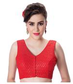 Red V Neck Tikkli Work CottonPadded Sleeveless Readymade Saree Blouse