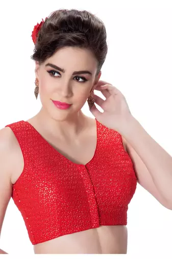 Red V Neck Tikkli Work CottonPadded Sleeveless Readymade Saree Blouse