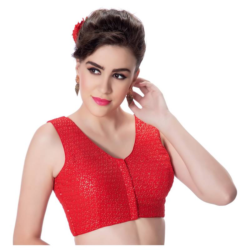 Red V Neck Tikkli Work CottonPadded Sleeveless Readymade Saree Blouse