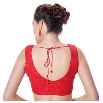 Red V Neck Tikkli Work CottonPadded Sleeveless Readymade Saree Blouse 3