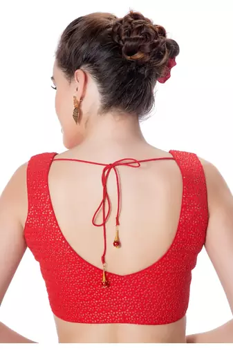 Red V Neck Tikkli Work CottonPadded Sleeveless Readymade Saree Blouse