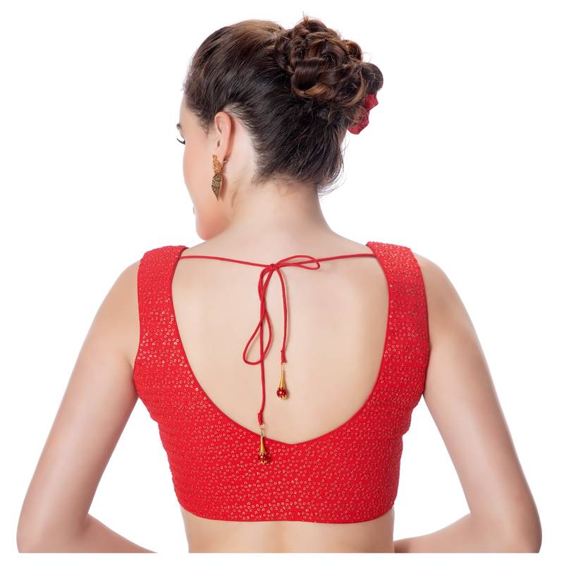 Red V Neck Tikkli Work CottonPadded Sleeveless Readymade Saree Blouse
