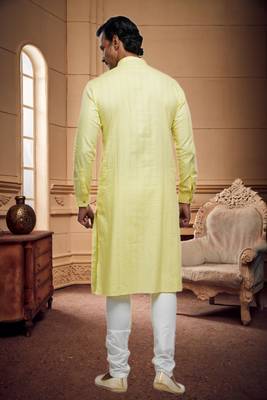 Men's yellow plain kurta pajama 4