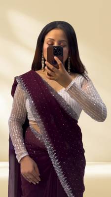 Wine Colour Faux Georgette Designer Swarovski Crystal Sarees With Un-Stitched Blouse 1