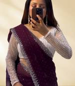 Wine Colour Faux Georgette Designer Swarovski Crystal Sarees With Un-Stitched Blouse