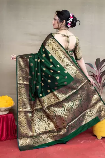 Green and Gold Silk Banarasi Saree with Blouse Piece