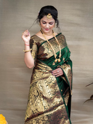 Green and Gold Silk Banarasi Saree with Blouse Piece 3