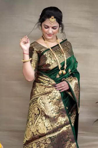 Green and Gold Silk Banarasi Saree with Blouse Piece