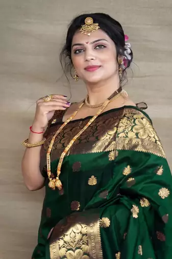 Green and Gold Silk Banarasi Saree with Blouse Piece