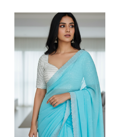 Sky Colour Faux Georgette Designer Swarovski Crystal Sarees With Un-Stitched Blouse 1
