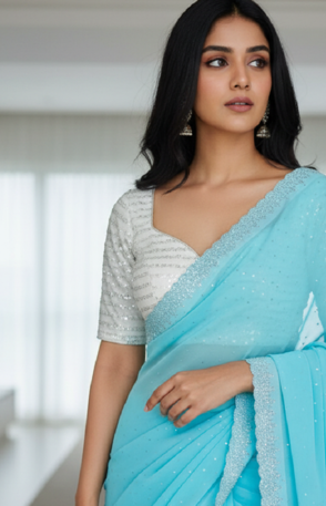 Sky Colour Faux Georgette Designer Swarovski Crystal Sarees With Un-Stitched Blouse