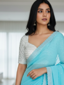 Sky Colour Faux Georgette Designer Swarovski Crystal Sarees With Un-Stitched Blouse