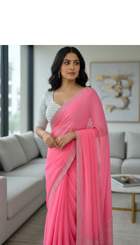 Light Pink Colour Faux Georgette Designer Swarovski Crystal Sarees With Un-Stitched Blouse 1