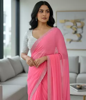 Light Pink Colour Faux Georgette Designer Swarovski Crystal Sarees With Un-Stitched Blouse