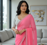 Light Pink Colour Faux Georgette Designer Swarovski Crystal Sarees With Un-Stitched Blouse