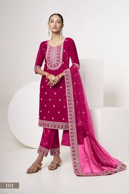 Rani pink colour sequence & codding work velvet semi-stitched salwar suit 1
