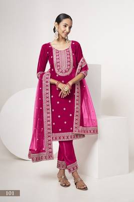 Rani pink colour sequence & codding work velvet semi-stitched salwar suit 2