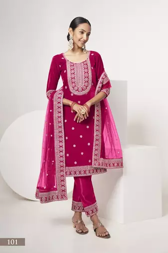 Rani pink colour sequence & codding work velvet semi-stitched salwar suit