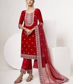 Red Velvet Sequence & Codding Work Ramadan EID Salwar Suit Semi-Stitched