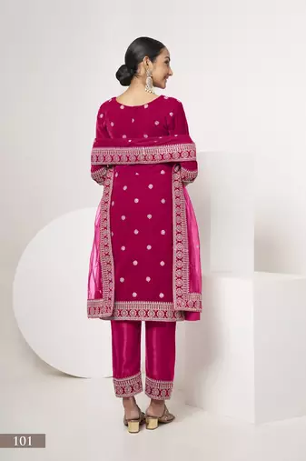 Rani pink colour sequence & codding work velvet semi-stitched salwar suit