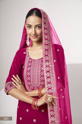 Rani pink colour sequence & codding work velvet semi-stitched salwar suit 4