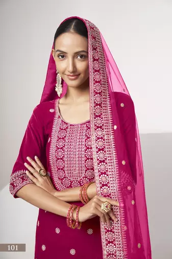 Rani pink colour sequence & codding work velvet semi-stitched salwar suit