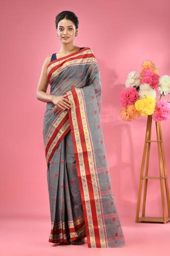 Grey Pure Cotton Tant Saree With Woven Designs Without Blouse