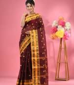 Dark Brown Pure Cotton Tant Saree With Woven Designs Without Blouse