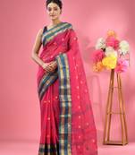 Rani Pink Pure Cotton Tant Saree With Woven Designs Without Blouse