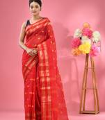 Red Pure Cotton Tant Saree With Woven Designs Without Blouse