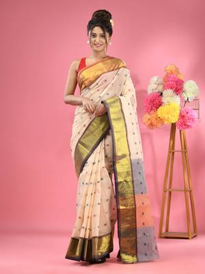Off White Pure Cotton Tant Saree With Zari Border Without Blouse 1