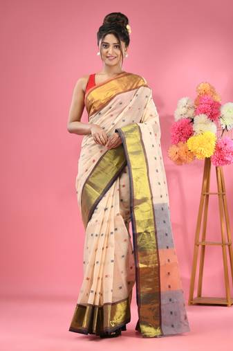 Off White Pure Cotton Tant Saree With Zari Border Without Blouse