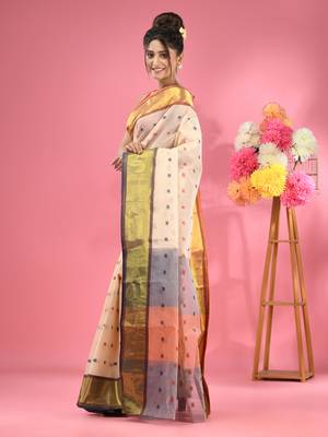 Off White Pure Cotton Tant Saree With Zari Border Without Blouse 2